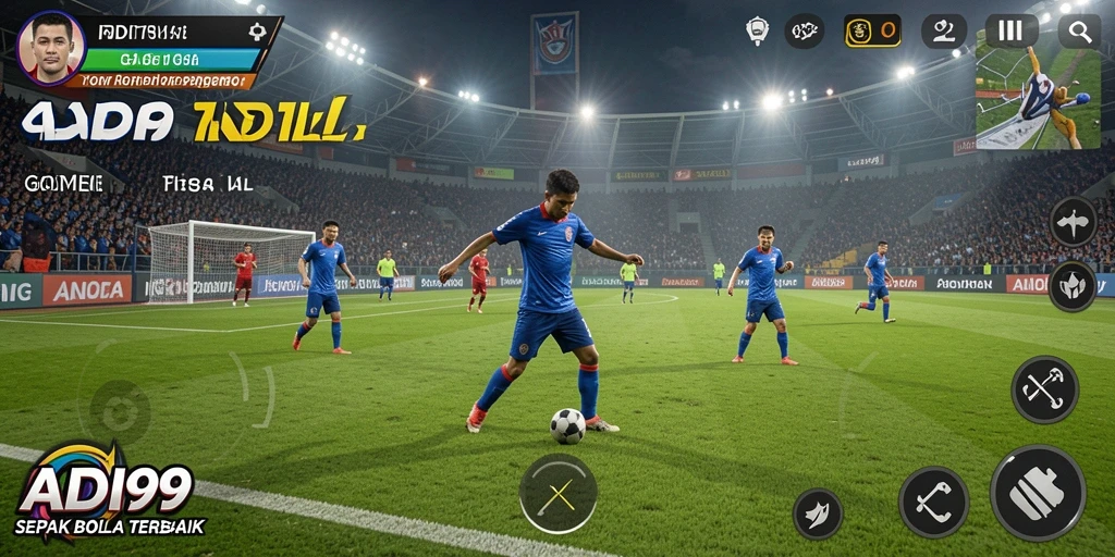Tampilan gameplay seru dalam ADI99, menyajikan aksi sepak bola yang mendebarkan.
