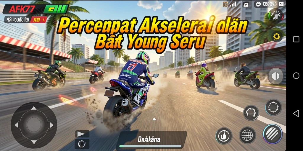 Tampilan gameplay AFK77 yang mendebarkan dalam balapan motor.