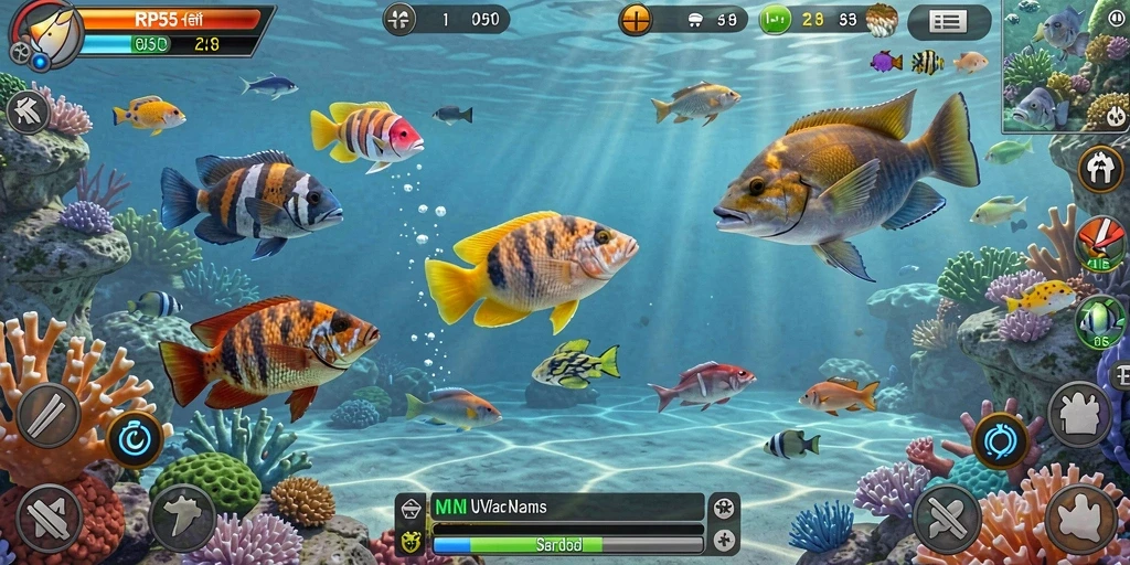 Screenshot dari gameplay RP55 menampilkan aksi seru Tembak Ikan.