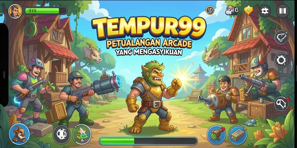 Screenshot utama TEMPUR99 menunjukkan gameplay arcade yang mendebarkan.